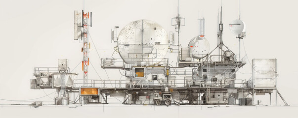 A detailed sketch of a combat communication tower, featuring its antennas, control units, and power supply. The white background emphasizes the tower's design and communication capabilities.