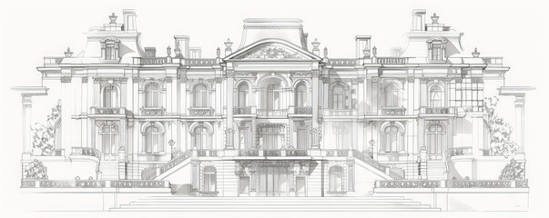 Fototapeta premium A detailed sketch of a historic European palace, with grand staircases, ornate facades, and symmetrical design. The white background highlights the opulence and architectural complexity.