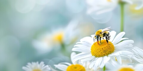 Obraz premium Bee on white flower with yellow white daisies in blurry background. Concept Photography, Nature, Wildlife, Flowers