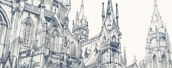 A detailed sketch of a Gothic cathedral, with elaborate spires, flying buttresses, and stained glass windows. The white background emphasizes the intricate and ornate features of the architecture.