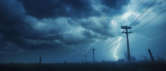 AI generator image of 
lightning near the high power pole in the field during the storm.photorealistic style