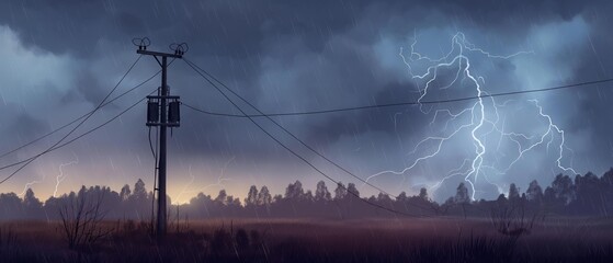 Fototapeta premium AI generator image of lightning near the high power pole in the field during the storm.photorealistic style