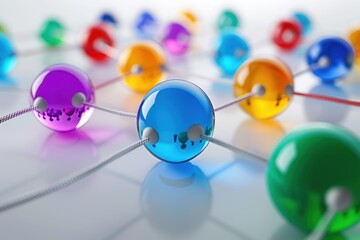 Obraz premium Communication and connection concept with color spheres connected by wires. ai generative