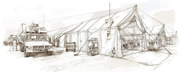 Fototapeta premium A detailed sketch of a military field hospital, featuring its modular tents, medical equipment, and emergency vehicles. The white background emphasizes the structure's design and functionality.