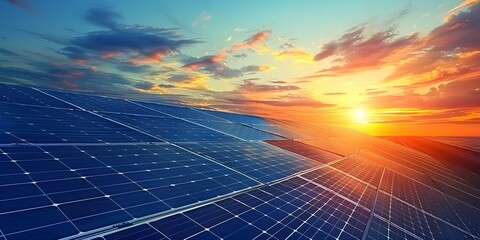 Solar panels against sunset sky harnessing clean energy for ecofriendly industry. Concept Solar Energy, Sustainability, Clean Technology, Renewable Resources, Eco-Friendly Industry