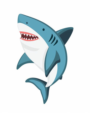 Big blue friendly smiling shark with razor sharp teeth. Shark illustration design art isolated on a white background.