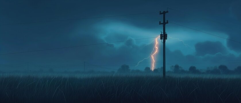 AI generator image of 
lightning near the high power pole in the field during the storm.photorealistic style