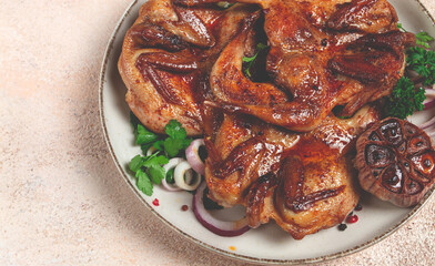 fried, quail meat, tobacco (tapaka), with spices, homemade, no people,