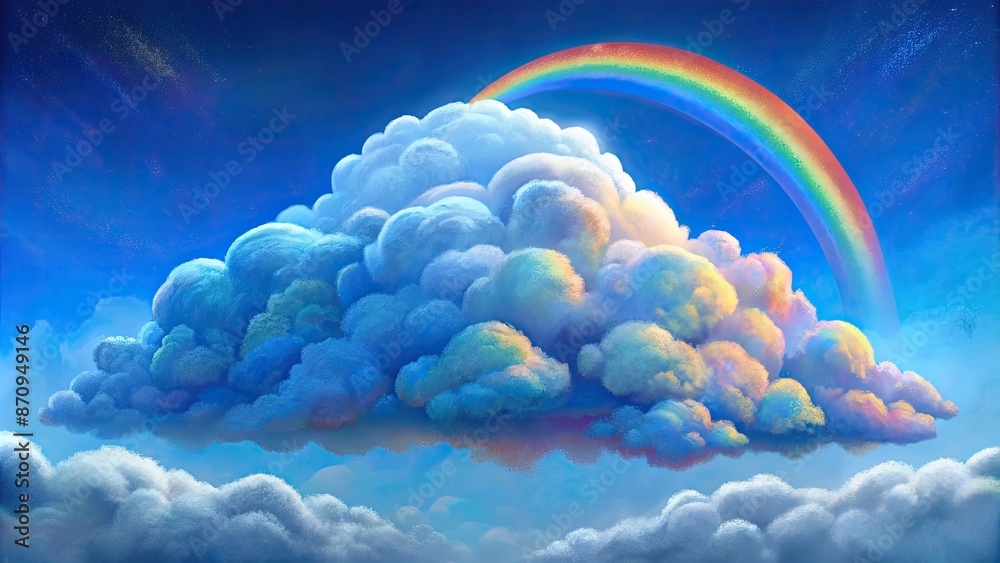 Poster Fluffy clouds with a vibrant rainbow.