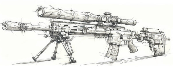 Obraz premium A detailed sketch of a sniper rifle, showcasing its scope, barrel, and bipod. The white background highlights the weapon's accuracy and mechanical design.