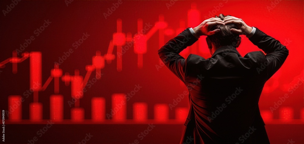 Fototapete a man is looking at a graph with a red background