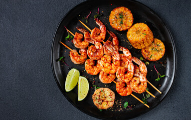 tiger prawns on skewers, shrimp kebab, with corn, fried, homemade, no people,
