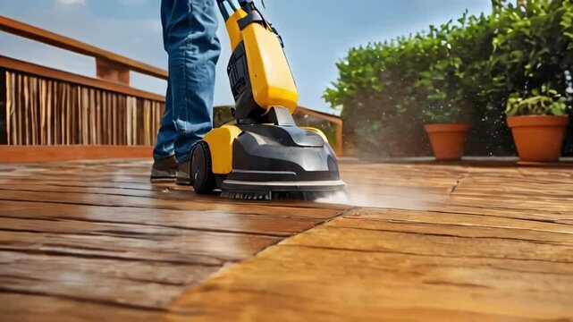 Man cleaning the terrace wooden floor with high pressure cleaner