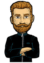 Man character with huge head color line art sketch engraving PNG illustration. T-shirt apparel print design. Scratch board imitation. Black and white hand drawn image.