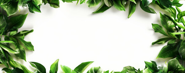 Fototapeta premium A frame made of lush green tropical leaves, isolated on a white background. The vibrant leaves form a rectangular border, creating a fresh and natural look.