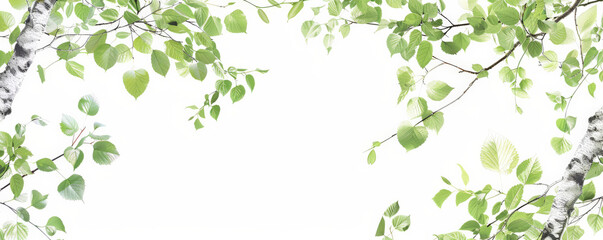 A frame of birch leaves and branches, isolated on a white background. The light green leaves and white bark form a fresh and airy border.