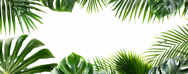 A frame of palm leaves, isolated on a white background. The large, lush green leaves create a tropical and exotic border.