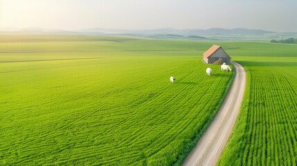 Aerial view of a farmhouse in a green field with a dirt road leading to it.