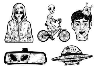 Alien in Hoodie sweatshirt set collection line art sketch engraving PNG illustration. T-shirt apparel print design. Scratch board imitation. Black and white hand drawn image.