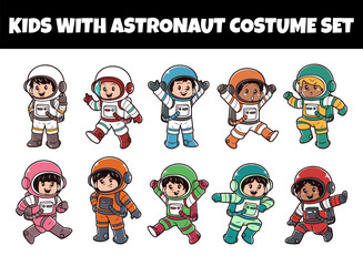 Kids with astronaut costume set vector illustration