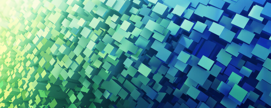 A geometric mosaic pixel background in shades of blue and green. The sharp edges and varied shades create a dynamic and visually engaging pattern.