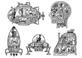 Vintage machine fantastic science fiction interior vehicles line art sketch engraving PNG illustration. T-shirt apparel print design. Scratch board imitation. Black and white hand drawn image. © Oleksandr Pokusai