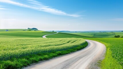 Serene country road winding through green fields under a blue sky