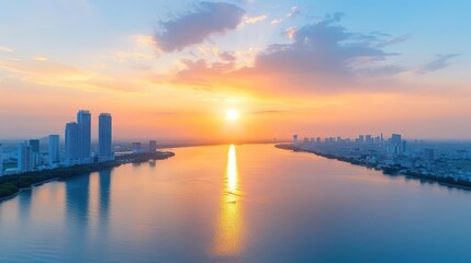 Stunning cityscape sunset over a calm lake with reflections.