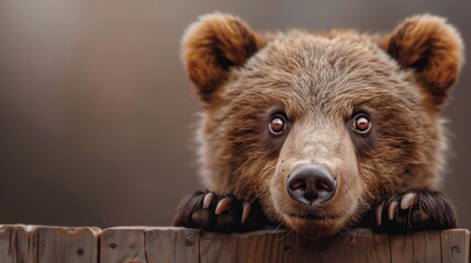 A brown bear cubs head and paws peek over a wooden fence, looking directly at the camera