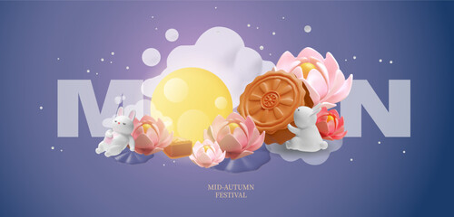 3D vector poster of rabbits with moon cake and lotus flowers for the mid-autumn festival