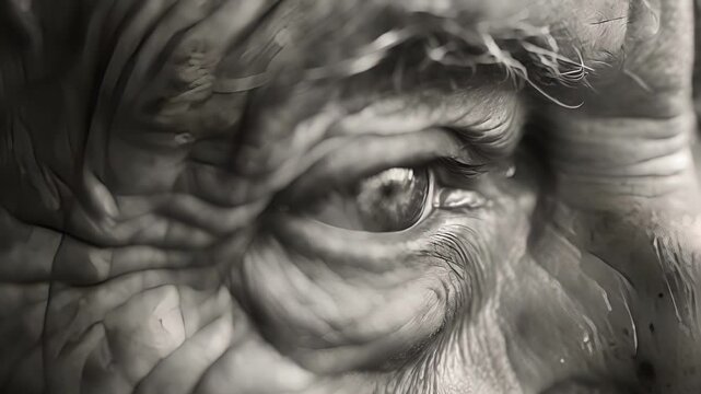 The creases and wrinkles around the eye reveal a lifetime of emotions. Black and white art