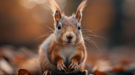 Fototapeta premium A red squirrel with big blue eyes looks directly at the camera in a forest setting