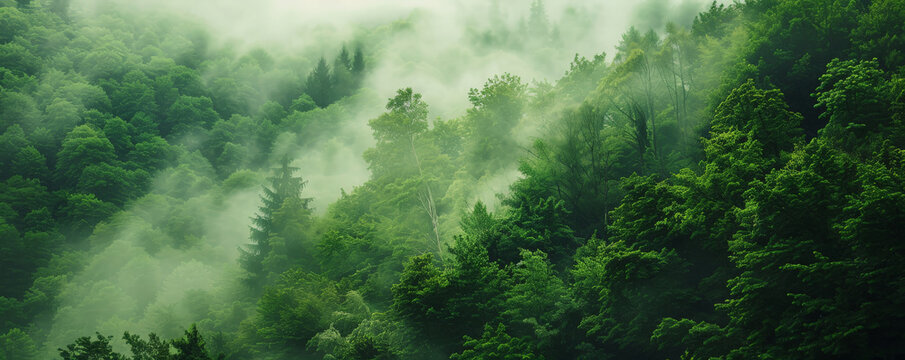 A lush, green forest with a thick layer of fog that blankets the trees. The mist creates an ethereal atmosphere, with the trees and foliage softly blurred by the fog.