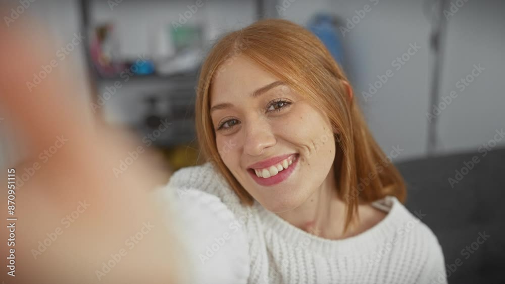 Sticker a young caucasian woman with redhead smiling indoors at home in a cozy living room