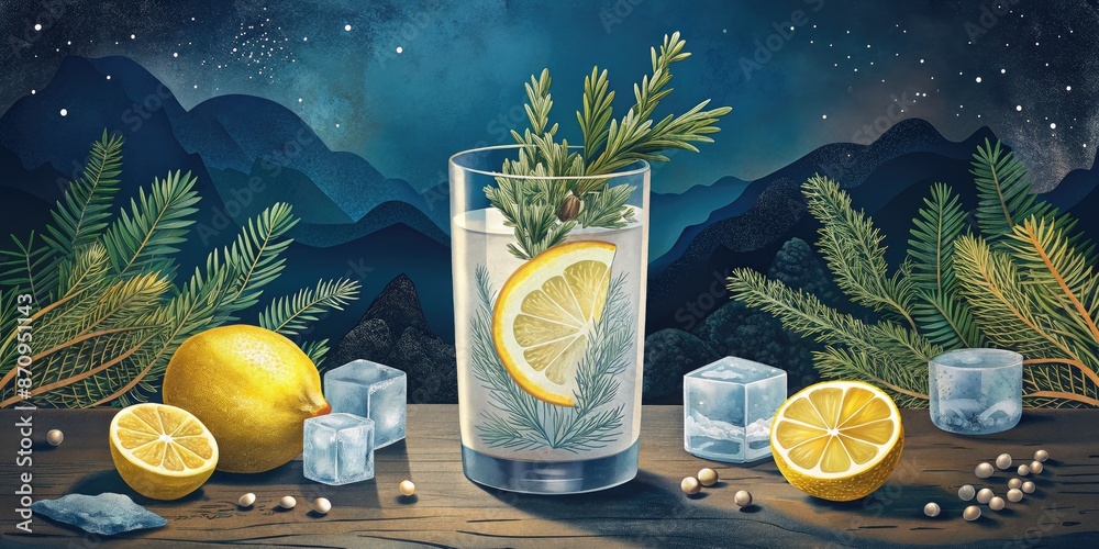 Canvas Prints refreshing lemon drink with ice and herbs.