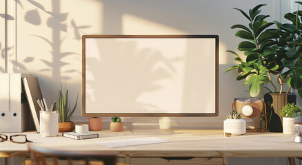 A computer monitor sits on a desk with a potted plant and a few other items by AI generated image