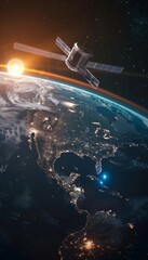Obraz premium Satellite in orbit blue sunlight reflecting on city lights from earth, low angle view
