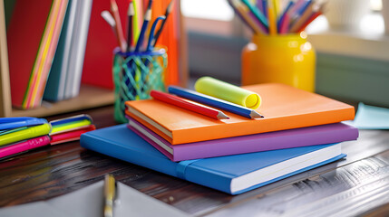School supplies on a desk in the classroom. 