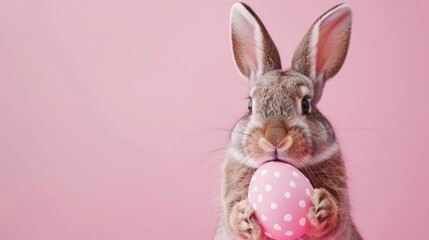 Easter bunny holding painted egg on pink backdrop symbolizing Easter festivity