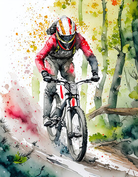Vibrant watercolor of a cyclist in action amidst a splash of colors