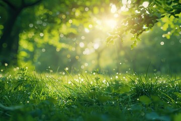 Obraz premium Defocused green trees in forest or park with wild grass and sun beams. ai generative