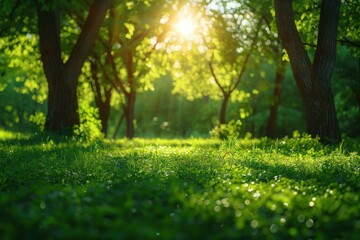 Fototapeta premium Defocused green trees in forest or park with wild grass and sun beams. ai generative