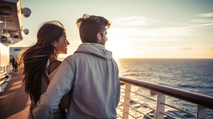 Couple smiling on cruise ship deck with ocean view in background