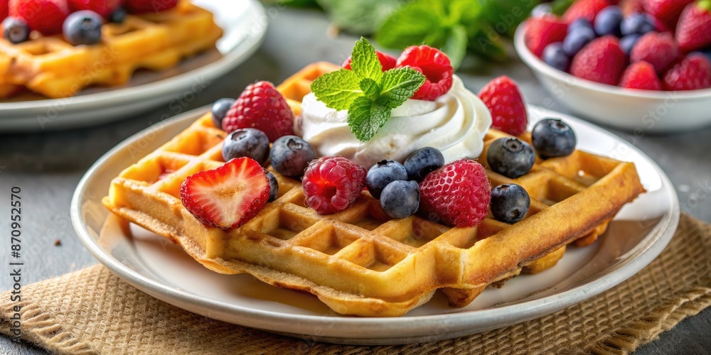 Sticker waffles topped with fresh berries and mint.