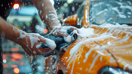 Close-up of hands washing a car with soapy water and a sponge, creating a foamy surface on the vehicle.