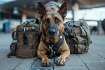 Obraz premium Dog sniffs luggage, search for drugs and weapons. ai generative