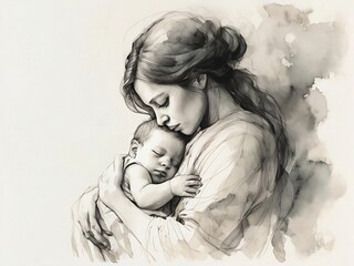 A mother holding her baby, water color paint. International Mother's Day 2024.