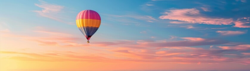 Naklejka premium Colorful hot air balloon soaring against a pastel sky during sunset, representing adventure, freedom, and peaceful travel in nature.