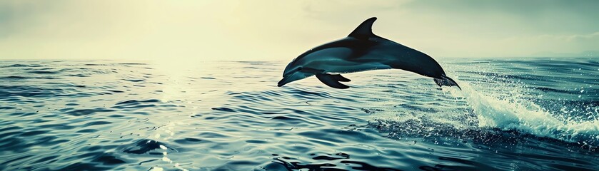 Fototapeta premium Graceful dolphin leaping out of the water, selective focus, ocean acrobatics, whimsical, double exposure, sea backdrop