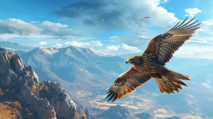 Hawk soaring high above mountains, selective focus, bird of prey, dynamic, multilayer, blue sky backdrop